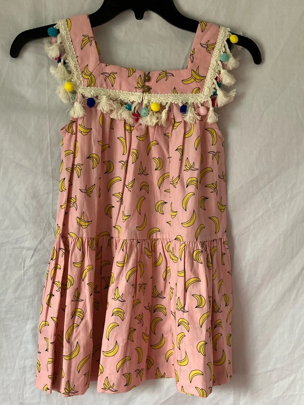 Peas and Queues Banana Print Dress with Pom Pom Trim - Size 7